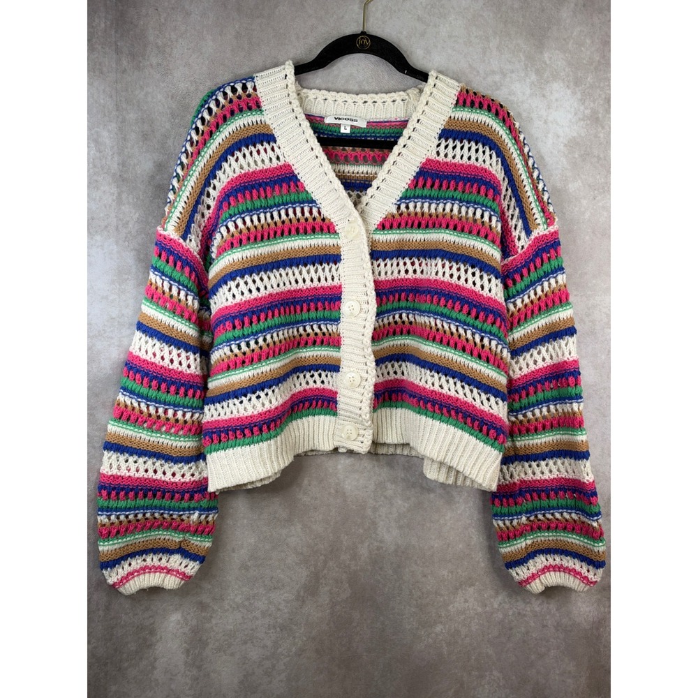 Vigoss Cardigan Women Large Multicolor Striped Crochet Open Knit Cropped Sweater